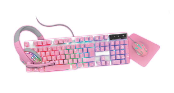 Compact Lightweight All-pink Gaming Keyboard With Static Rainbow Backlight Plus Matching Pink Headphones Mouse And Mouse Pa.