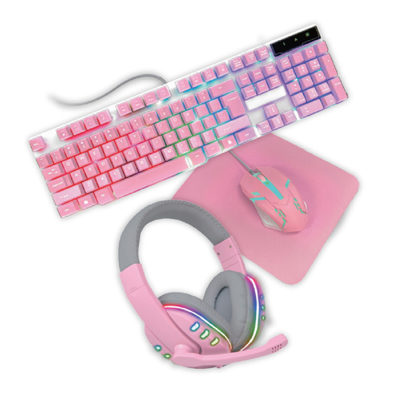 Compact Lightweight All-pink Gaming Keyboard With Static Rainbow Backlight Plus Matching Pink Headphones Mouse And Mouse Pa.