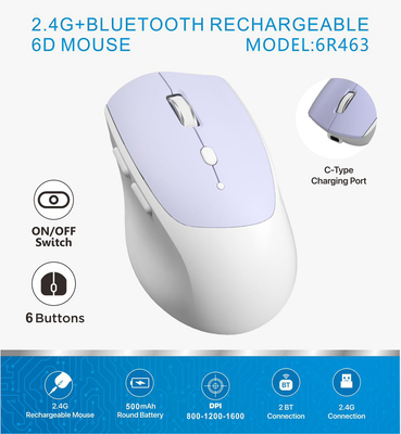6D, 2.4G connection, 800-1600 DPI, 500mAh round battery, Type-C interface. Ideal for office workers, gamers