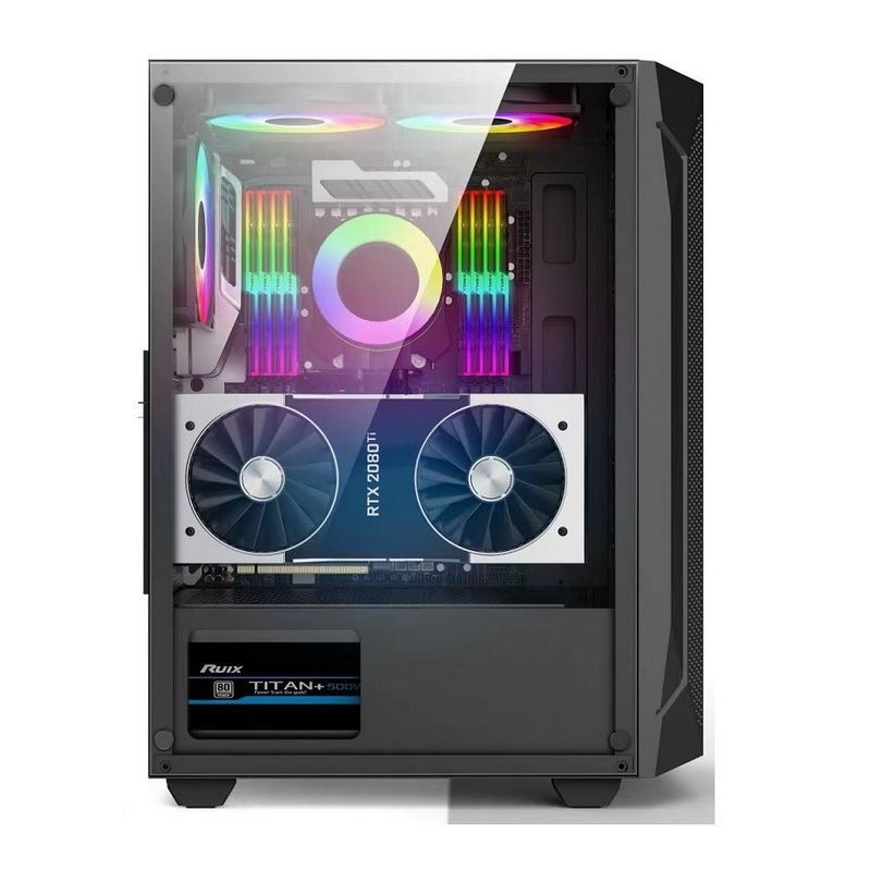 ETEK ATX/Matx Computer Case Tempered Glass panel on Side and Front Support Fans 2x14cm or 3x12cm on Front Support Rad