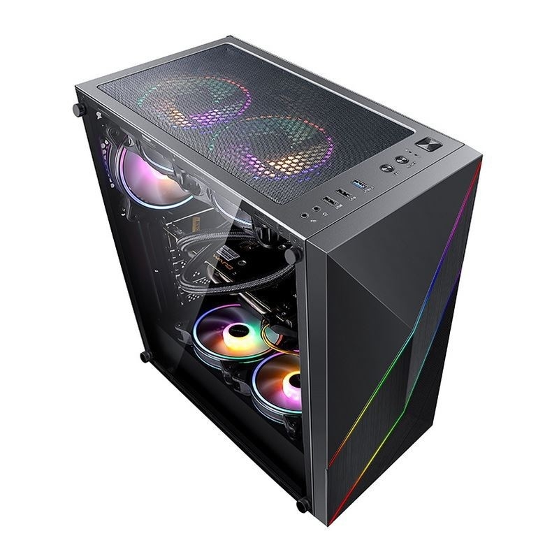 ETEK - PC Mid Tower Case Irregular and Mesh Front Panel with ARGB LED Strip,Tempered Glass Side Panel, Top I/O Panel