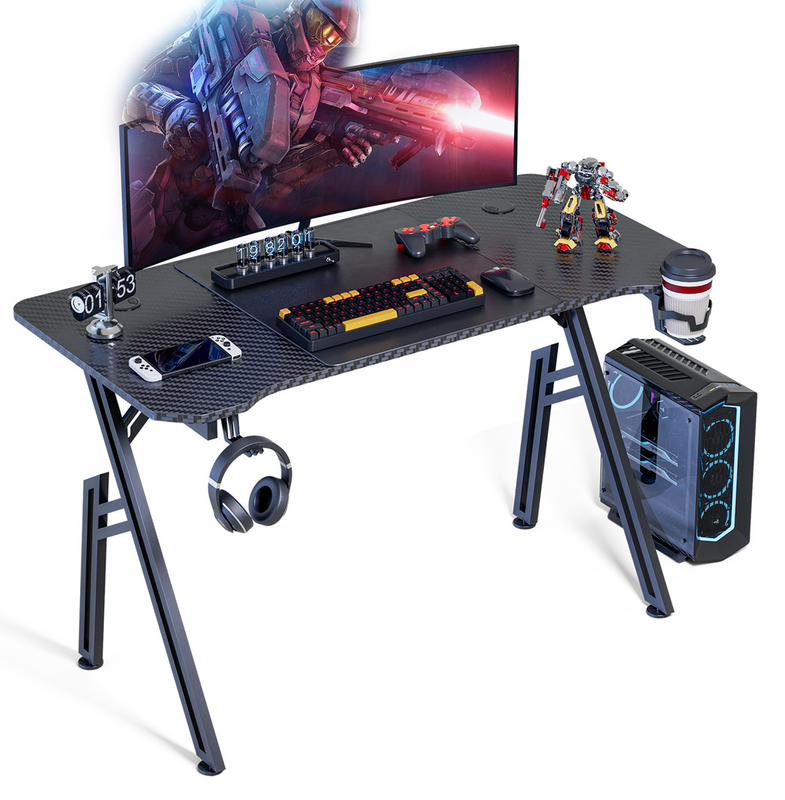 Ergonomically Designed Gaming Desk With 1.2cm Particle Board And Carbon Fiber Covering Featuring Cup And Headset Holders