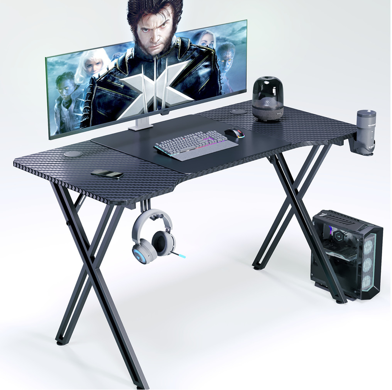 Ergonomically Designed Gaming Desk With 1.2cm Particle Board And Carbon Fiber Covering Featuring Cup And Headset Holders