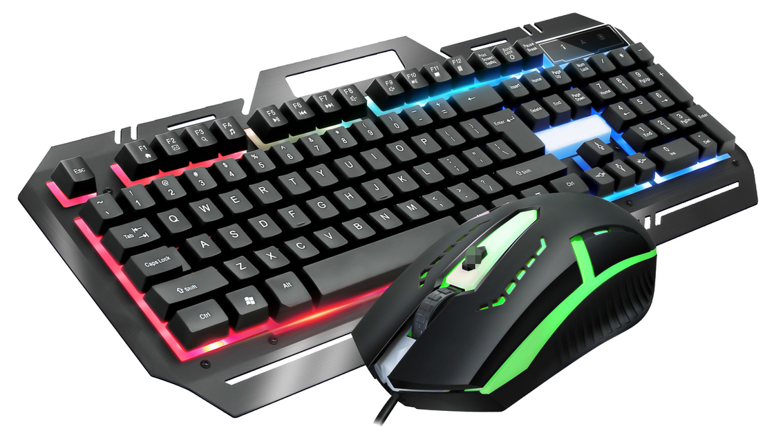 Metal Gaming Keyboard With 104 Keys FN+F1-F12 Functions LED Backlight Gaming Mouse With Adjustable DPI (500-1500) RGB Lighting
