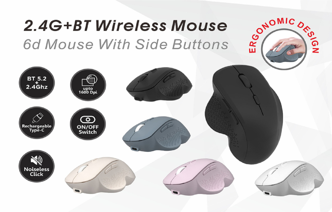 6D Mouse With Side Buttons,2.4G,Bluetooth 5.2,Ergonomic Design,Up to 1600 DPI,Noiseless Click,for office workers,designers,gamers