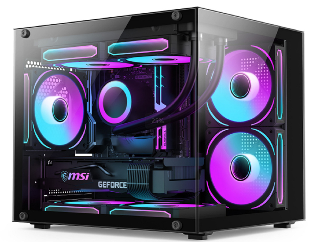 Panoramic Design Computer Case 0.35mm SPCC Steel 5 X 12cm Fans Glass Panels On The Left And Front For Gamers Home office Users And DIY Enthusiasts.