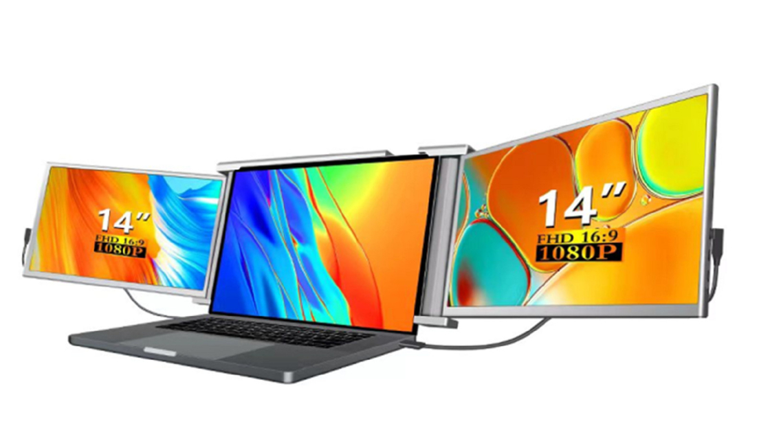 Dual 14-inch FHD laptop monitor, compatible with 13.5-16.5-inch laptops. Features dual Type-C (supporting audio/video), Mini HDMI, HDR.