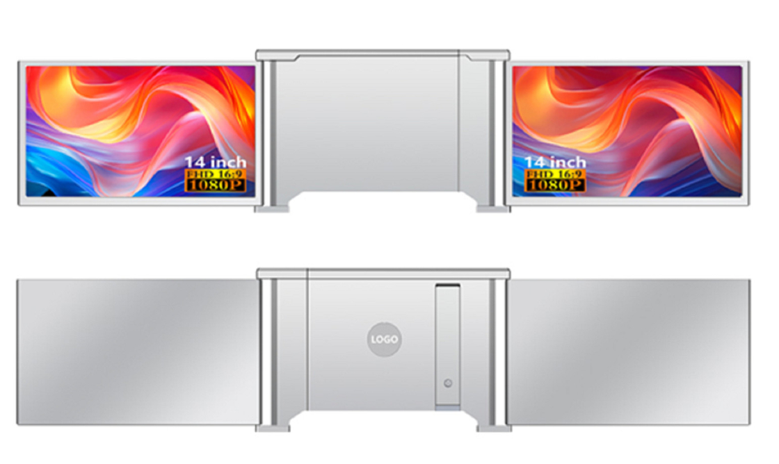 Dual 14-inch FHD laptop monitor, compatible with 13.5-16.5-inch laptops. Features dual Type-C (supporting audio/video), Mini HDMI, HDR.