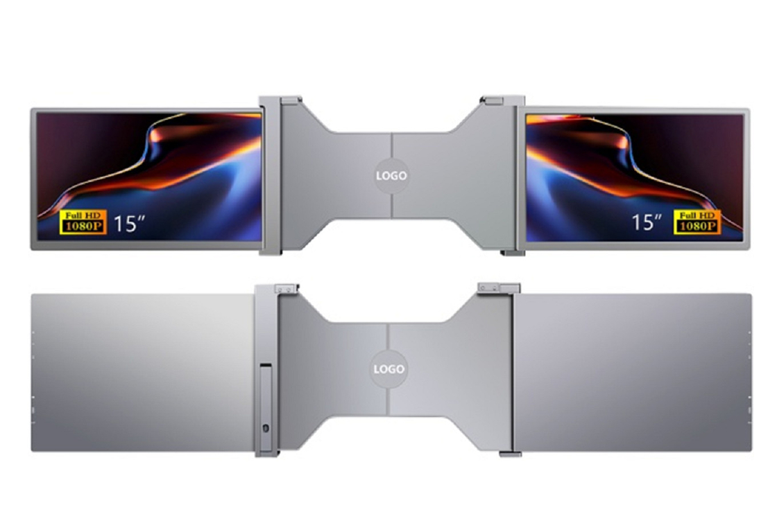 Dual 15-inch FHD laptop monitor, lightweight (25.3mm thick, 1.63kg), Type-C + Mini HDMI ports, HDR support, 12-language OSD.