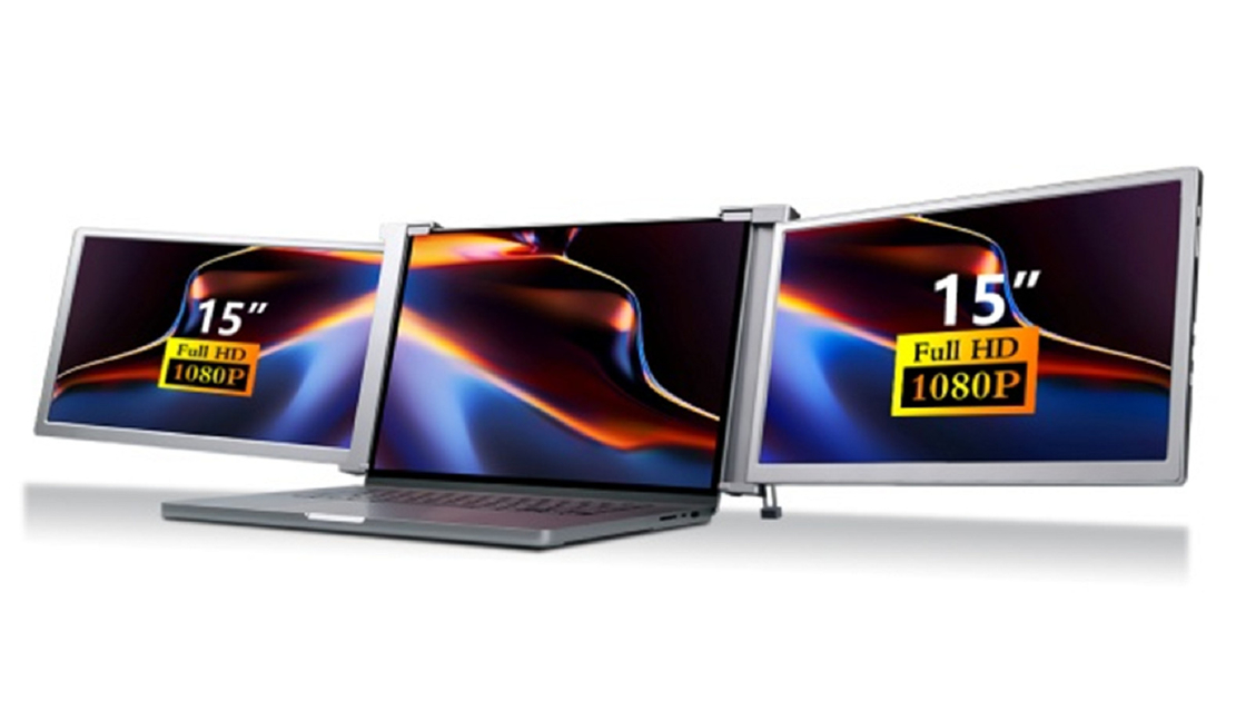 Dual 15-inch FHD laptop monitor, lightweight (25.3mm thick, 1.63kg), Type-C + Mini HDMI ports, HDR support, 12-language OSD.