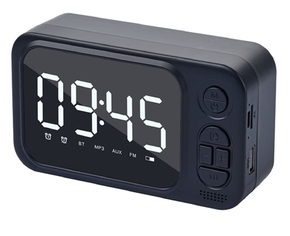 52mm speaker, 3W RMS output, supports Bluetooth, AUX, TF card, USB, FM radio, and clock. Compact and lightweight (139*78 *46mm).