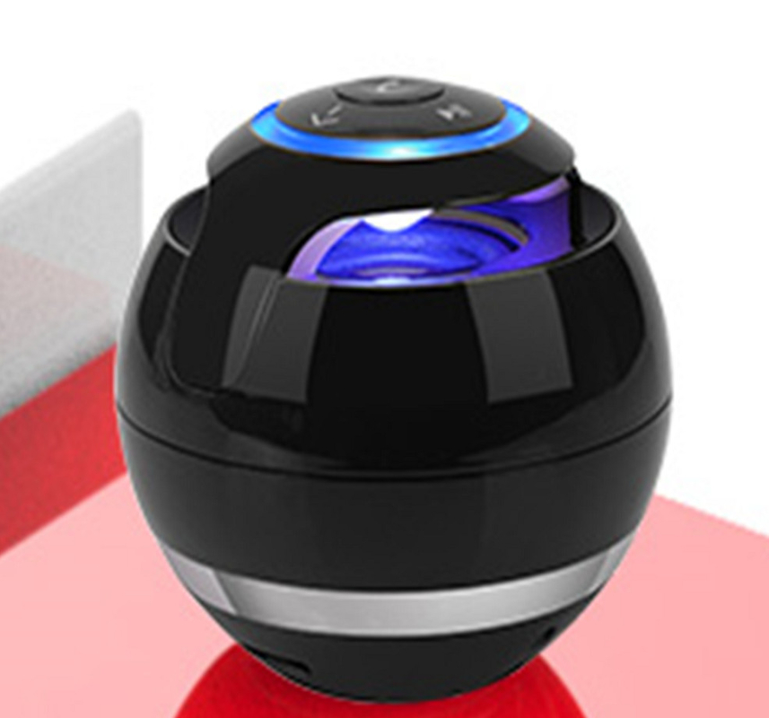 Compact body (D78*H78mm). Supports Bluetooth, AUX, TF card, FM radio. Built-in 300mAh battery, USB charging. 40mm speaker unit.