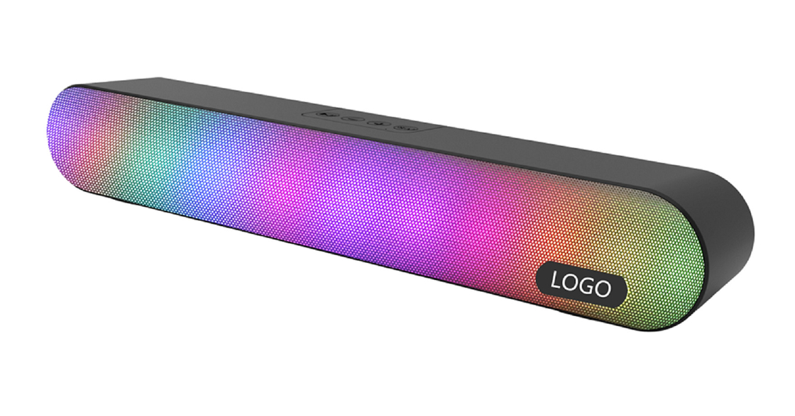 Bluetooth 5.3, dual 5W speakers, ABS+iron mesh material, 1200mAh battery, RGB lighting, AUX/TF/FM/USB inputs, hands-free calling