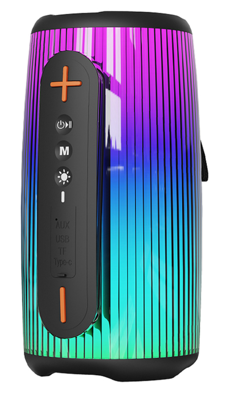 Bluetooth speaker features Bluetooth 5.3, 10W speakers, 2400mAh battery with Type-C charging, RGB ambient lighting,and a lanyard
