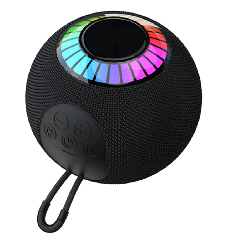 Bluetooth 5.3 portable speaker with RGB lighting, 1200mAh battery, Type-C charging, up to 6h playback time. Supports AUX/TF/FM/USB