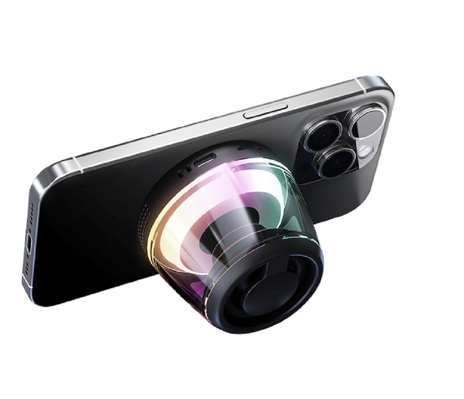 Bluetooth speaker with 5W power, 40mm driver, 500mAh battery, RGB light, Bluetooth 5.3, and compact design (4x5x5.5cm)