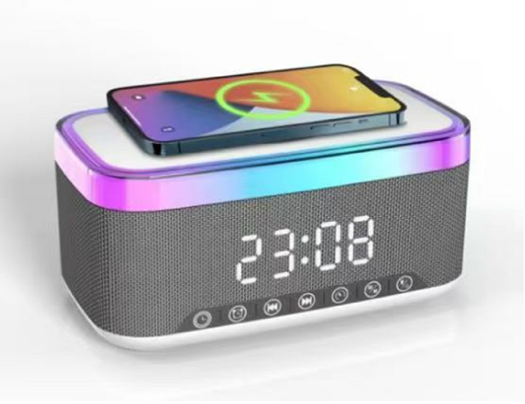 Bluetooth speaker supports 15W fast charging, features dual 52mm speakers with 10W output, a 1200mAh lithium battery,smart clock