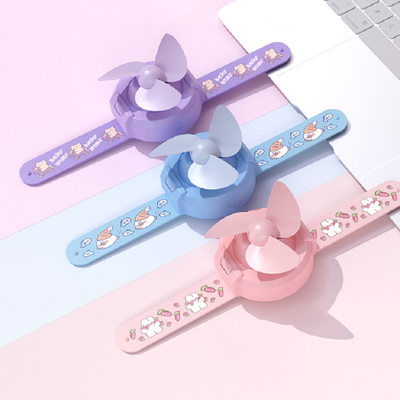 ETEK Watch-style mini fan with 300mAh battery, 3 colors (Purple/Pink/Blue), includes charging cable + manual.