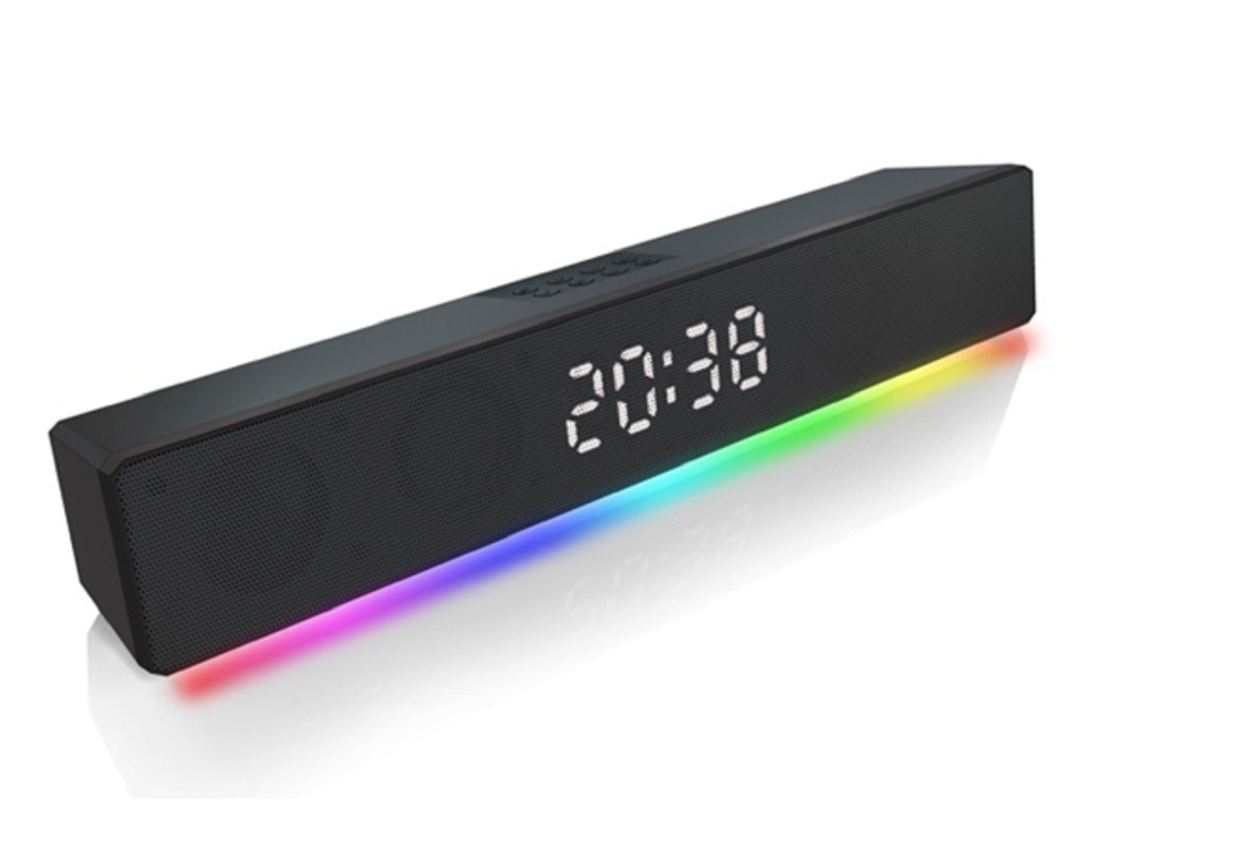 Dual 2-inch Driver Soundbar With 10W RMS Total Output RGB Clock 5 Input Modes BT/FM/USB/TF/AUX ABS + Iron Mesh Construction