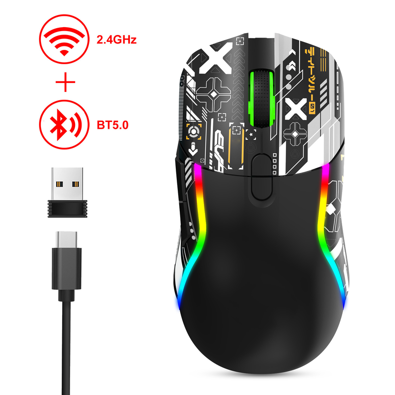Dual-Mode Wireless RGB Gaming Mouse,2.4G + Bluetooth, 3200 DPI,8 Buttons, 600mAh Battery, Type-C Rechargeable, ABS,Laser Printing