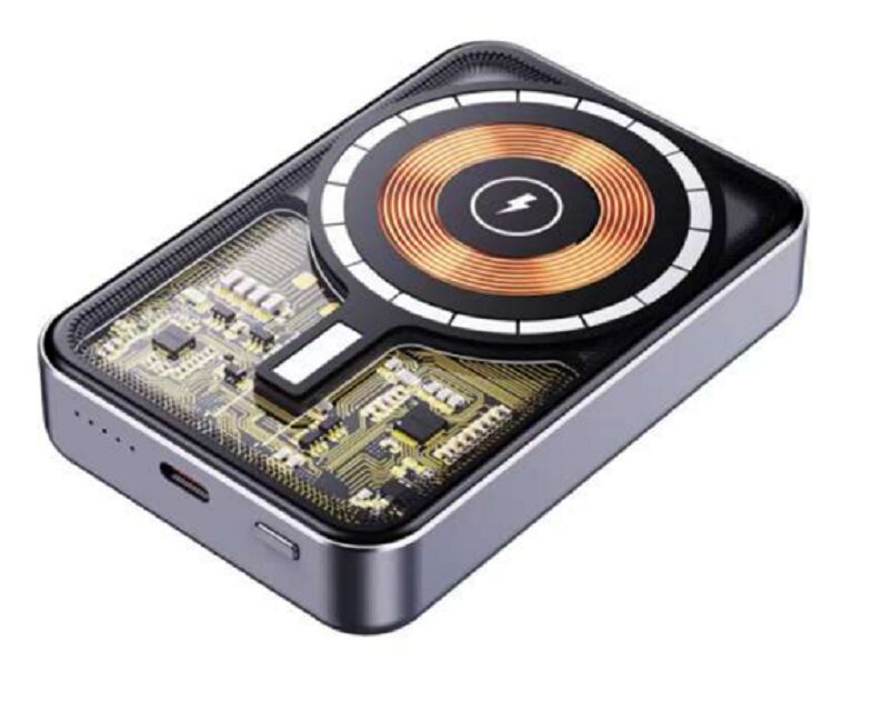 10000mAh Transparent Mecha Power Bank – 22.5W Wired + 15W MagSafe-Compatible Magnetic Wireless Charging, Gunmetal, Al Alloy Base, 94×63×17.5mm