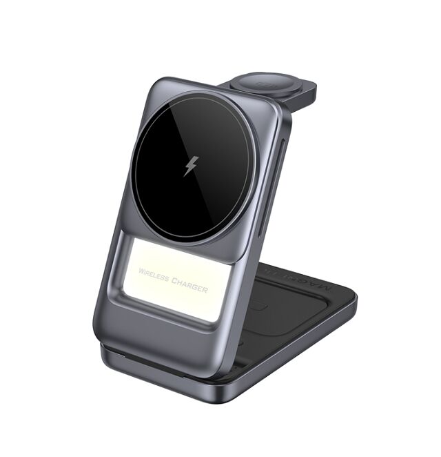 Foldable 3-in-1 Wireless Charger,Blue/Gray, Silver/Gray, Plastic+Metal, 15W Phone, 2.5W Watch, 5W Earbuds, Night Light