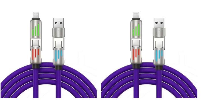 50W Fast Charging Cable with Light,C to C / C to Lightning, 5-Core Composite Copper, Zinc Alloy Connector, Purple (Custom Colors)