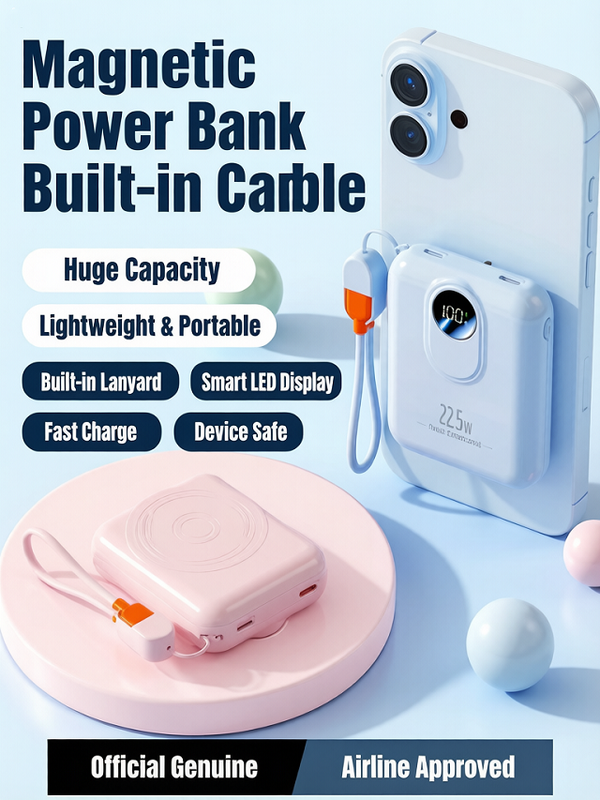 Magnetic Wireless Power Bank 10000mAh, Type-C/Lightning 20W Input, 22.5W+15W Output, with Cables